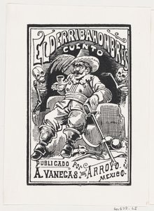 En mand med våben og et rør i munden flankeret af to skeletter, illustration..., ca. 1880-1910. af José Guadalupe Posada