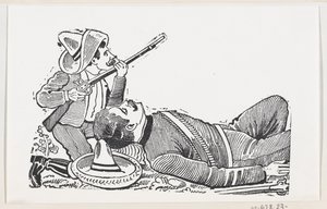 En revolutionær, der holder en riffel og knæler for at beskytte en falden revolutionær, c..., ca. 1880-1910. af José Guadalupe Posada