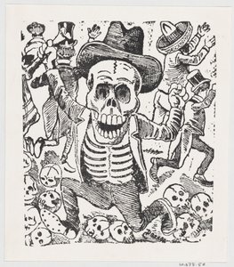 Et skelet, der holder en knogle og springer over en bunke kranier, mens folk flygter, fr..., ca. 1907. af José Guadalupe Posada