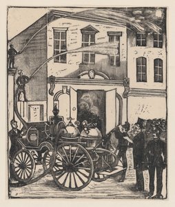 Brandmænd slukker en brand i et hus, brandbil i forgrunden, ca. 1880-1910., ca. 1880-1910. af José Guadalupe Posada