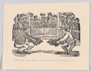 To mænd i en arena med haner som forberedelse til et slagsmål, spe..., ca 1890-1910 genoptrykt 1964. af José Guadalupe Posada
