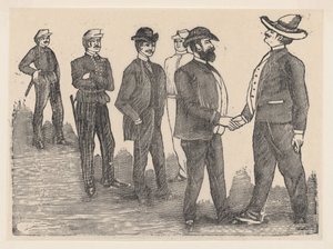 To mænd giver hånd i forgrunden og betjente ser på dem i baggrunden..., ca. 1880-1910. af José Guadalupe Posada