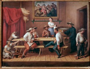 En pulqueria Taverne i Sydamerika, gæster drikker pulque (traditionel mesoamerikansk alkoholisk drik) (Offentligt hus med pulque-drikkere) Maleri af Augustin Arriete (1800-tallet) Mexico City, historisk nationalmuseum, Chateau Chapultepec