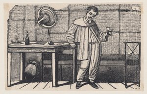 En mand med et glas i hånden, der ser nedad og læner sig mod et bord, en illustration fra «El huérfano» af José Guadalupe Posada