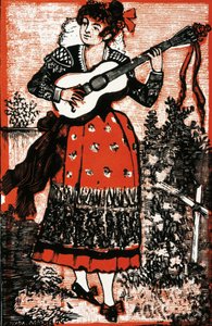 Cover af en sangbog, der repræsenterer en mexicansk kvinde med en guitar. Gravering af Jose Guadalupe POSADA (1852-1913). Gravering af José Guadalupe Posada