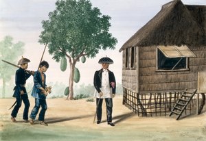 En fange ført af en politimand og en rådmand, fra "The Flebus Album of Views In and Around Manila", ca. 1845