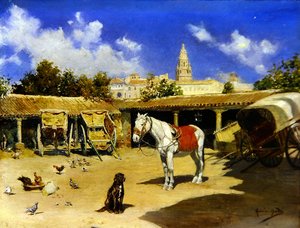 En gårdhave i Murcia med katedraltårn (olie på panel) af Jose Marin Baldo