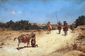 Mødet mellem Sancho Panza og hans æsel Rucio, Illustration af Don Quixote, ca. 1878 (olie på lærred) af Jose Moreno Carbonero