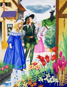 Par beundrer blomster (gouache på papir)