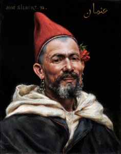 Hoved af marokkansk Portræt af mand med gennemborede ører og rød hat, med en blomst i øret og en tatovering på templet 1892 (maleri) af Jose Silbert