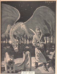 Tegning til digtet "Som nat". En drage, der produceres af røgen fra fabrikker, bag en tysk soldat. En surrealistisk scene. af Josef Benedikt engl