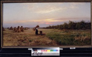 Høst i aftenlyset. (Høst i Aftenlyset). To kvinder, der arbejder på en mark fuld af høstakke. Maleri af Iosiph Evstafievich Krachkovsky (1854-1914), olie på lærred af Josef Evstafievich Krachkovsky