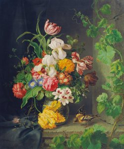Stilleben af ​​blomster med spurv og vin
