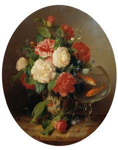 Blomsterstykke med guldfiskeskål