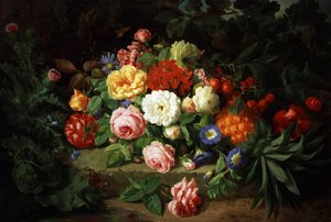 Stilleben med sommerblomster (roser, primula) og frugt (ananas, kirsebær). Maleri af Josef Lauer (1818-1881) Privat samling.