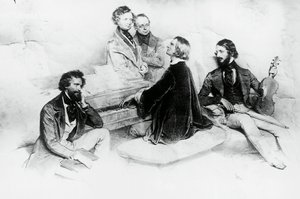 Matiné hjemme hos Liszt, fra venstre mod højre, Kriehuber, komponist Hector Berlioz (1803-1869), Carl Czerny (1791-1857) Liszts lærer, Franz Liszt (1811-1866) og violinist Heinrich Wilhelm Ernst (1840-1865), Litografi af Josef Kriehuber (1800-1876)