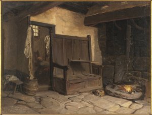 A Cottage Interiør (olie på papir monteret på masonit)