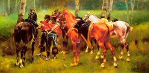 ""Gruppen af ​​husarer og heste i skoven"" Maleri af Josep Cusachs i Cusachs (1851-1908). 1905. af Josep Cusachs y Cusachs