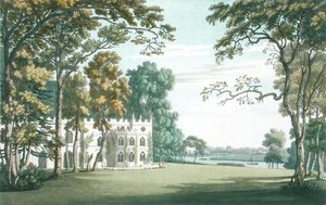 Huset, haverne og søen ved Strawberry Hill, indgraveret af J.C. Stadler (fl.1780-1812), udgivet i 1793 (farvet gravering) af Joseph (after) Farington
