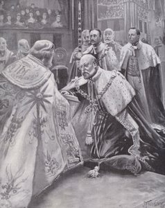 Kong Edward VII aflægger ed ved hans kroning, Westminster Abbey, London af Joseph (after) Finnemore