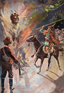 Robinson Crusoe: Ødelæggelse af tataridolet (farve litho) af Joseph (after) Finnemore