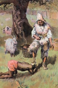 Robinson Crusoe: Han placerer min fod på hans hoved (farve litho) af Joseph (after) Finnemore