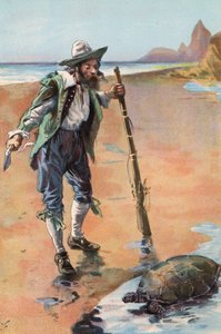Robinson Crusoe: Jeg finder en skildpadde (farve litho)