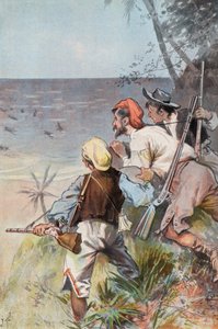 Robinson Crusoe: Invaderet af vilde (farve litho) af Joseph (after) Finnemore