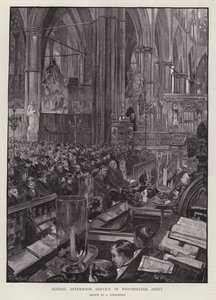 Søndag eftermiddags gudstjeneste i Westminster Abbey, London (litho) af Joseph (after) Finnemore
