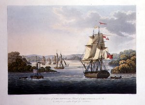 Havnen i Port Cornwallis. Øen Great Andaman, med flåden på vej til Rangoon, graveret af G. Hunt, udgivet af Kingsbury & Co. i London. af Joseph (after) Moore