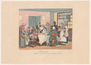 Gezelschap aan tafel aan het fasten Laver du sjov? Vi har fastet siden i forgårs (titel på objekt) Ongemakken (serietitel) Ulempe (serietitel på objekt)