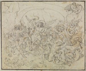 Tyvenes straf i slangernes og dragernes dal (Dantes Inferno, sang 25, V 17) af Joseph Anton Koch