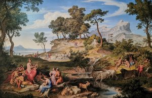 Tysk: Apollo unter den Hirten Apollo blandt hyrderne
 Apollo blandt hyrderne
 fransk:  Apollon parmi les bergers Apollo blandt hyrderne af Joseph Anton Koch