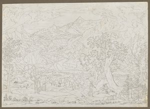 Grindelwald-gletsjeren med jæger og bondepige i forgrunden, ca. 1823. af Joseph Anton Koch