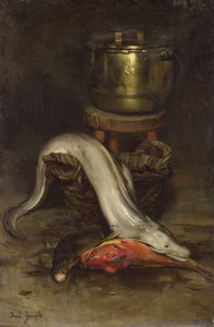Stilleben med fisk og gryde