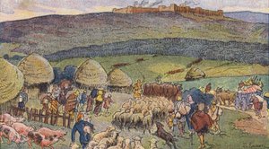 Bibracte, en by i Gallien beboet af smede og et tilflugtssted i tider med fare (farve litho)