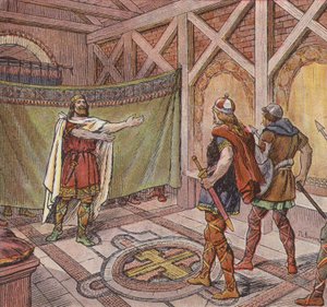 Chlothar I ser fødderne af lejemorderne, der blev beordret til at dræbe ham af hans bror Theuderic (farve litho)