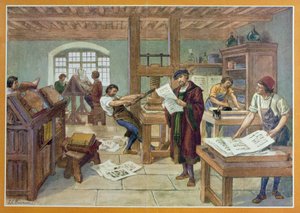 The Invention af Gutenberg af Moveable Type trykning, illustration fra 