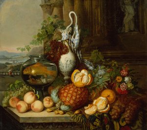 Stilleben med frugt, fiskeskål og landskab af Joseph Biays Ord