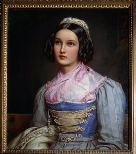 Portræt af Helene Sedlmayer Datter af en skomager i München, hun er klædt i et traditionelt bayersk kostume. Maleri af Joseph Karl Stieler (1781-1858) München fra det 19. århundrede. Nymphenburg Slot