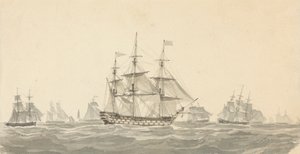Sidebillede af slagskib omgivet af adskillige andre i tungt hav af Joseph Cartwright