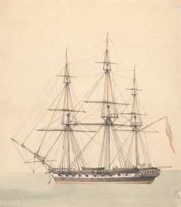 Enkelt korvet (?) med tre figurer i flådeuniformer og Union Jack af Joseph Cartwright