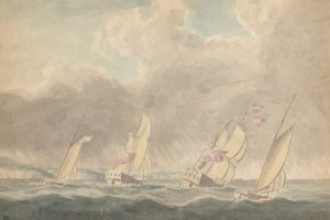 To Krigsslupper, en Bark og en Skonnert (?), Sterns Forward, in Heavy Sea; Flere sejlfartøjer i baggrunden af Joseph Cartwright