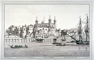 Sydlig udsigt over Tower of London med både på Themsen, 1795