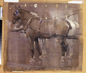 Cab Horses fra Gaslight (akvarel og kropsfarve på linned) af Joseph Crawhall