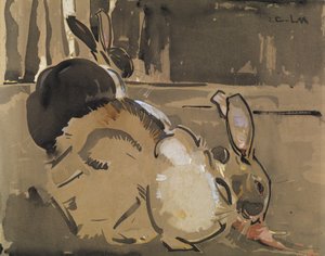 To kaniner, en spiser gulerødder (vask og kropsfarve på papir) af Joseph Crawhall