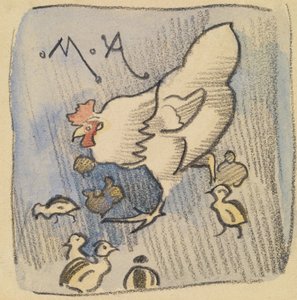 Hvid høne og høns, ca. 1901 (kridt, blyant og vask på papir) af Joseph Crawhall