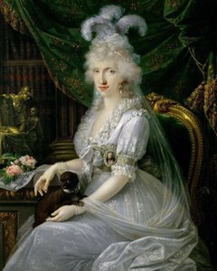 Tysk: Marie Luise (Ludovica) af Napoli-Sicilien (1773-1802), hustru til Ferdinand III af Toscana, siddende ved et bord, knælangt portræt af Luisa Maria Amelia Teresa af Napoli og Sicilien, prinsesse af Napoli og Sicilien (1773-1802), storhertugindegemalind af Joseph Dorffmeister