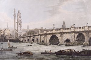 Udsigt over London Bridge, inklusive Church of St. Magus og The Monument, indgraveret af J.C. Stadler