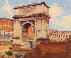 Rom: Forum, Titusbuen, Colosseum (farvelitografi) af Joseph Felix Bouchor